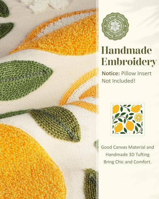 Embroidered Throw Pillow Cover - 18x18 Decorative Pillow Cover with Zipper Aesthetic Cute Design Boho Spring Summer Throw Pillowcase for Living Room Couch Sofa Bed, Branch Lemon