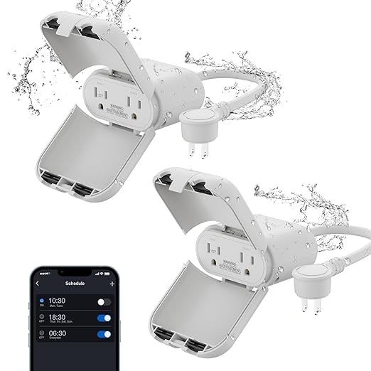 ELEGRP Outdoor Smart Dimmer Plug Waterproof IP66, Smart WiFi Plug with 2 Individually Sockets, Compatible with Alexa & Google Assistant, Outdoor Dimmer for String Lights, UL Listed, 2 Pack, Grey