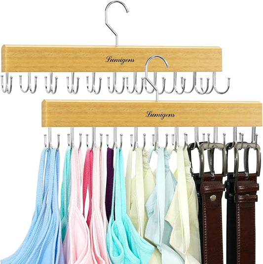 Belt & Bra Organizer for Closet - Tie Rack with 22 Rotatable Hooks, Stackable Space Saving Hanger for Women/Men, Tank Top Organizer - 2 Pcs