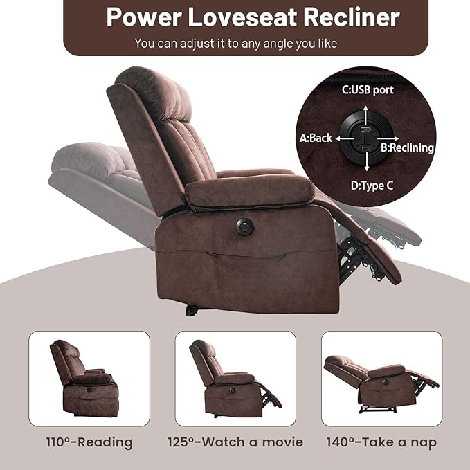Power Reclining Loveseat with Massage & Heat, Loveseat Recliner Sofa with Cup Holders, Electric RV Sofa with USB/Type C/Side Pocket, Wall Hugger Recliner Loveseat for Living Room