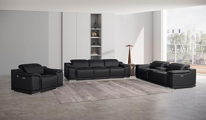 Blackjack Furniture Venice Top Grain Italian Leather Recliner 7 Seater 5 Power Reclining 3 Piece Sofa Set with Adjustable Headrests Modern Seating Sofa, Loveseat and Chair for Living Room , Black