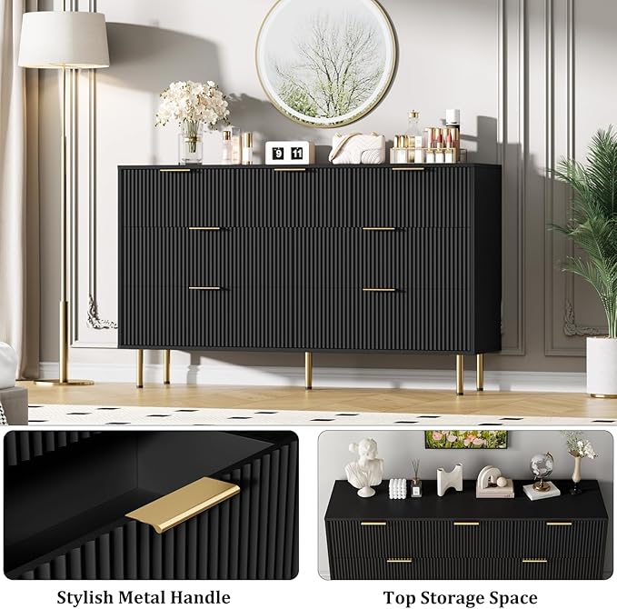 GAOMON 7 Drawer Dresser for Bedroom Chest of Drawers, 55" Wide Fluted Dresser with Drawers, Modern Wooden Double Dressers with Metal Handles for Living Room, Hallway
