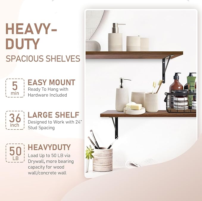 Kaboon 36 inch Long 10 inch Deep Floating Shelves for Wall Set of 2, Large Open Shelves Wall Mounted, Space Saving Home and Commercial Use, Walnut