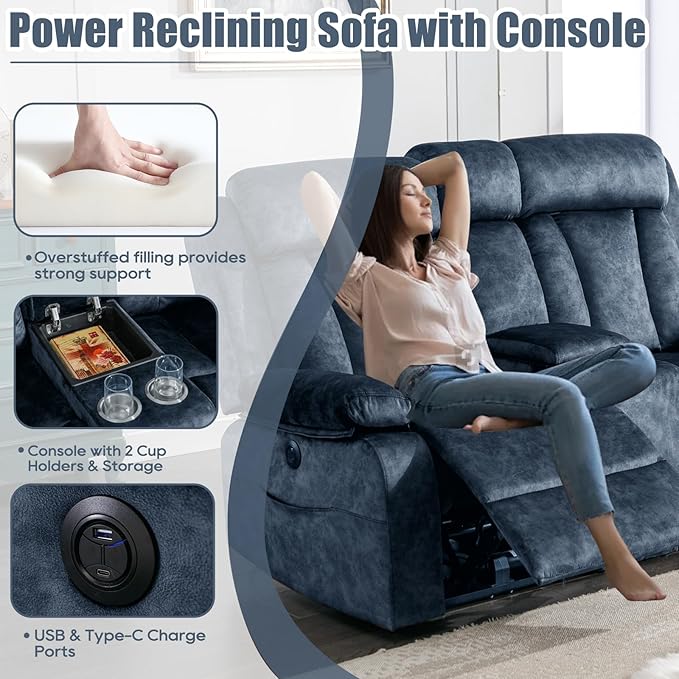 GUEAPY Power Reclining Loveseat with Console, Heat & Massage, 2 Seat Reclining Sofa with Cup Holders, USB & Type-C Ports, Plush Dutch Velvet 2 Seat Reclining Couch for Living Room, RV,Office,Apartment