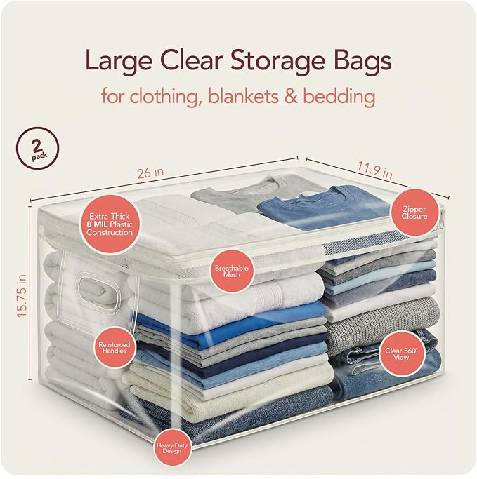 Clear Storage Bags with Zipper – Extra Large Fully Transparent Plastic Bag for Clothes Blankets Quilts Holiday Items Easy Visibility Durable Reusable Home Storage Solution, 20 Gallon Capacity, 2 Pack