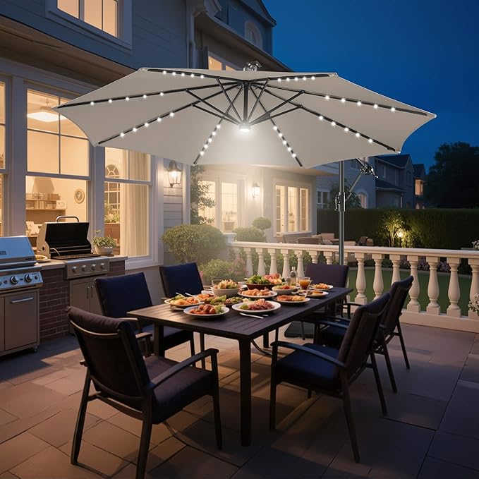 FLAME&SHADE 10ft Solar Cantilever Umbrella with 40 LED Lights, Lighted Large Offset Outdoor Patio Umbrellas, 8 Sturdy Ribs, UPF50+ UV Protection for Pool Deck Garden Yard, Taupe