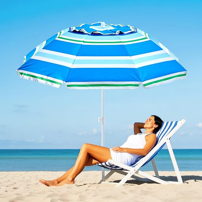 beach umbrella with sand anchor,UPF 50+protection,8 ribs, beach umbrellas for sand portable,with button tilt - multifunctional outdoor sunshade for gardens,courtyards,and beaches.