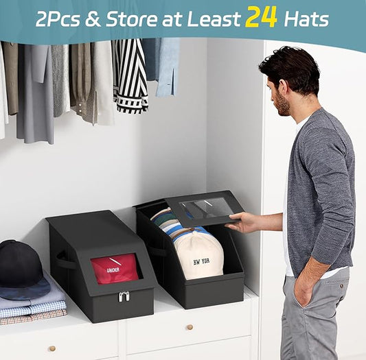 AOODA 2 PCS Stackable Hat Storage for Baseball Caps, Holds up to 24 Caps Hat Organizer for Closet, Sturdy Snapback Boxes for Men with Cardboard (Pure Black)