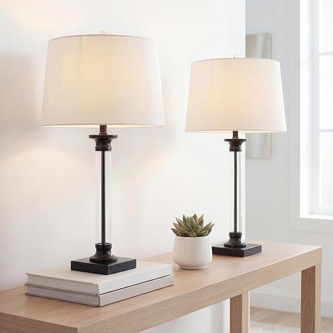 JONATHAN Y 30" Black/Clear Glass and Metal Column Table Lamp Set of 2 for Living Room Bedroom, Traditional Iron Base with White Linen Drum Shade, LED Bulbs Included JYL1008A-SET2