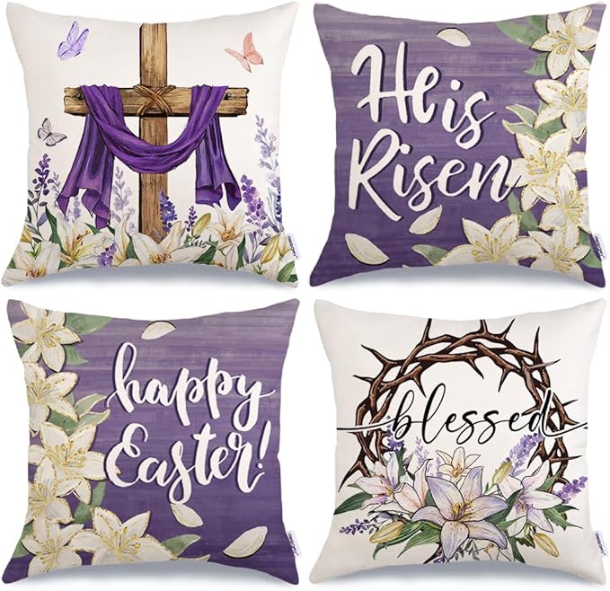 GEEORY Happy Easter He is Risen Throw Pillow Covers 16x16 Inch Set of 4, Cross Flower Wreath Blessed Spring Decorative Farmhouse Holiday Cushion Case for Home Decoration (Purple) G680-16