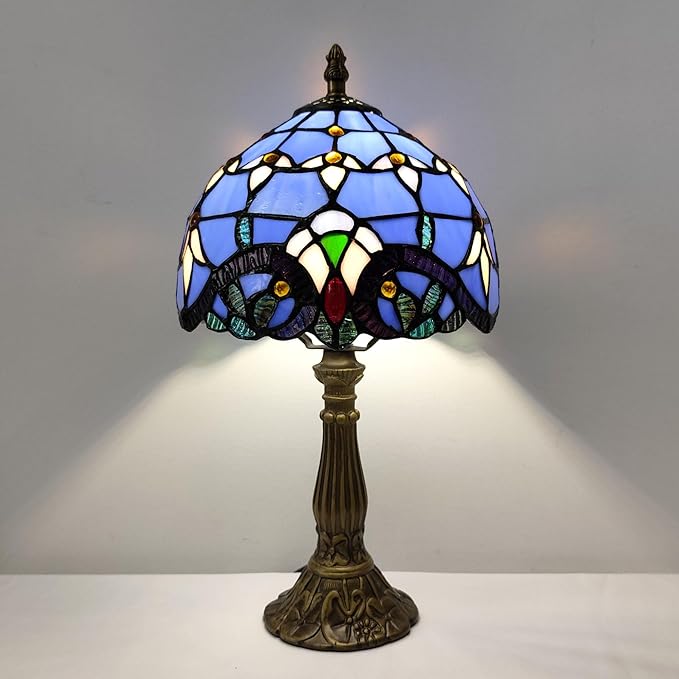 Tiffany Table Lamp 3-Way Light Handmade Bedside Lamp Small Desk Night Lamp Stained Glass Antique 15inch Tall Desk Light for Home Office Bedroom Living Room Study Room, Blue