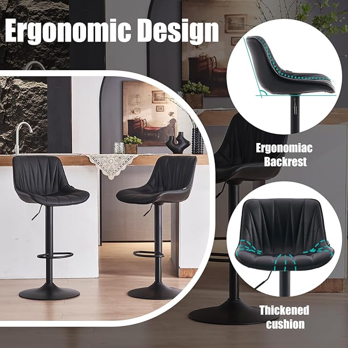 Kidol & Shellder Bar Stools Set of 2 Black Adjustable Swivel Counter Height Barstools Upholstered Modern PU Leather Bar Chairs Stools for Kitchen Island
