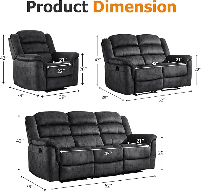 EBELLO 3 Pieces Reclining Living Room Set, Overstuffed Soft Fabric Manual Recliner, Loveseat Recliner and Bonded 3 Seat Reclining Couch Set for Living Room, Grey