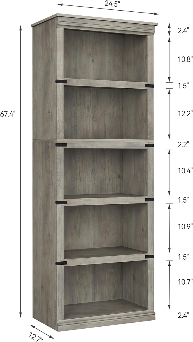 GAOMON 5 Tier Bookcase, Farmhouse Book Shelf with Storage Open Display Bookshelves, 67.4" Tall Book Case Wooden 5 Shelf Bookcase Home Decor Furniture for Home Office, Living Room, Bed Room - Grey