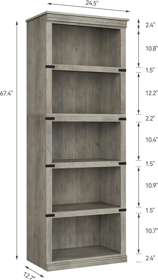 GAOMON 5 Tier Bookcase, Farmhouse Book Shelf with Storage Open Display Bookshelves, 67.4" Tall Book Case Wooden 5 Shelf Bookcase Home Decor Furniture for Home Office, Living Room, Bed Room - Grey