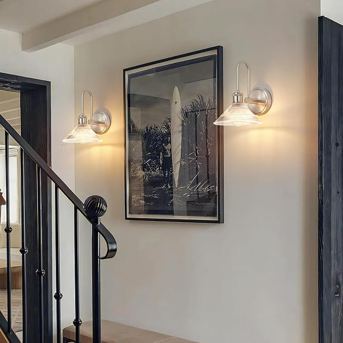 Wall Sconce Set of 2, Nickel Vintage Light Fixtures with Round Clear Glass Lampshade, Hardwired Sconces Wall Lighting for Bedroom, Bathroom, Living Room | Includes 2 LED Bulbs