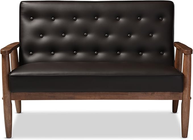 Baxton Studio Sorrento Faux Leather Upholstered Wooden 2-Seater Loveseat, Brown
