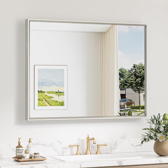 Keonjinn 40 x 30 Inch Brushed Nickel Bathroom Mirrors for Over Sink, Beveled Rectangle Framed Mirrors for Wall, Farmhouse Bathroom Vanity Mirror, Tempered Glass, Square Corner