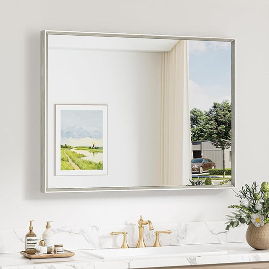 Keonjinn 40 x 30 Inch Brushed Nickel Bathroom Mirrors for Over Sink, Beveled Rectangle Framed Mirrors for Wall, Farmhouse Bathroom Vanity Mirror, Tempered Glass, Square Corner
