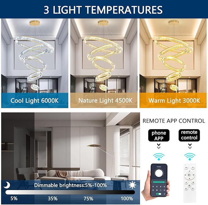 Large Ring Crystal Chandelier Modern Dimmable Chandelier High Ceiling Chandelier Round LED Ceiling Light Fixture for Foyer Long Stair Big Chandelier Gold 8''+16''+24''+32''+40''