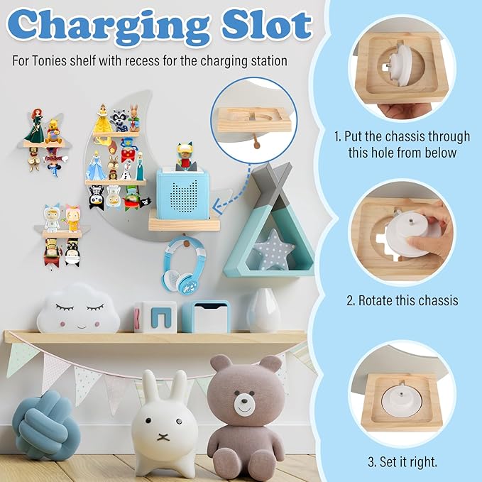 Moon + Stars for Toniebox 1/2 Tonies Figures Organizer Storage Shelf Wall Mounted, Magnetic Floating Shelves for Toniebox Player, Characters, Earphones, Display Collection 20~30 Characters (Gray)
