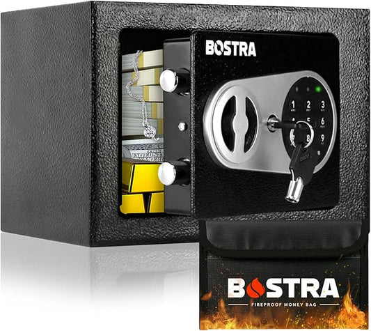 Bostra Fireproof Safe Box with Sensor Light & Fireproof Bag, Money Safe Box with Digital Keypad,Security Safe Box for Home, 0.23 Cubic Small Safe with Keys & Pass Code for Cash Jewelry Silver