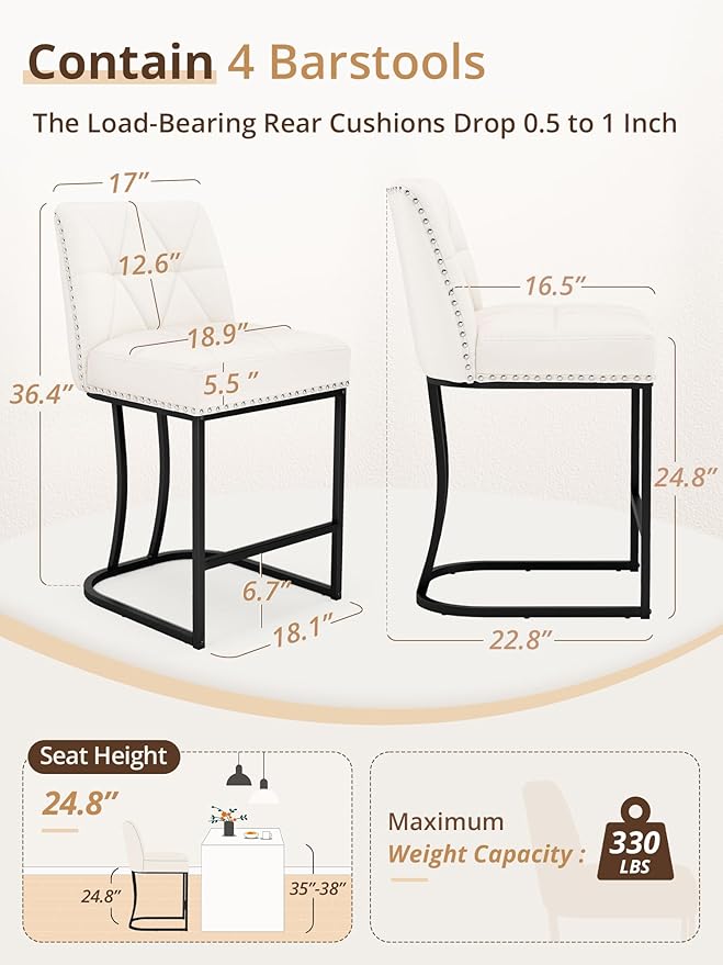 LUE BONA 24" Bar Stools Set of 4, Counter Height Bar Stools with 5.5" Thick Cushion, Upholstered Linen Fabric Barstools with Metal Frames for Kitchen Island, Dining Room, Beige