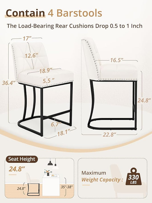 LUE BONA 24" Bar Stools Set of 4, Counter Height Bar Stools with 5.5" Thick Cushion, Upholstered Linen Fabric Barstools with Metal Frames for Kitchen Island, Dining Room, Beige