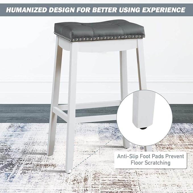 COSTWAY Bar Stools Set of 2, 29-Inch Height Backless Counter Stool with Footrest, Soft Seat Cushion, Wood Legs and Non-Slip Foot Pad, Saddle Stools for Home Kitchen Living Room, Stone Gray+White