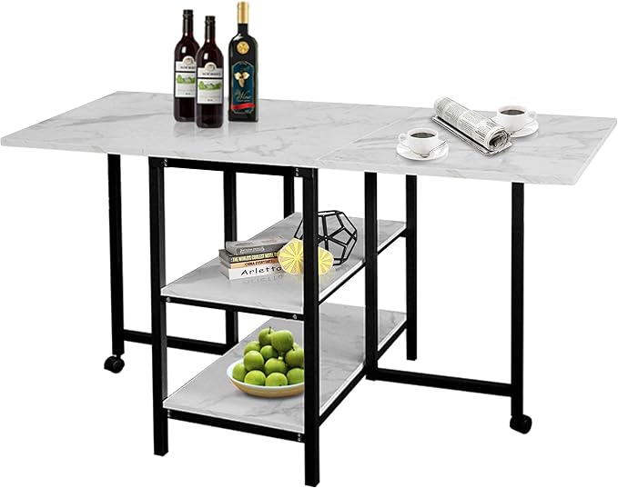 AT-VALY Folding Dining Table with 2 Storage Open Shelf,Drop Leaf Extension Dining Table,Top Folding 15.7" to 55.1" Kitchen Table (Black)