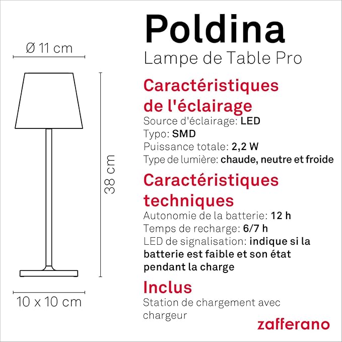 Zafferano Poldina Pro LED Table Lamp (Red) Touch On/Off, Touch Dimmable, Powder Coated Aluminum, IP54 Protection, Indoor/Outdoor, Contact Charging Base, USA Plug, A++ Energy Efficiency