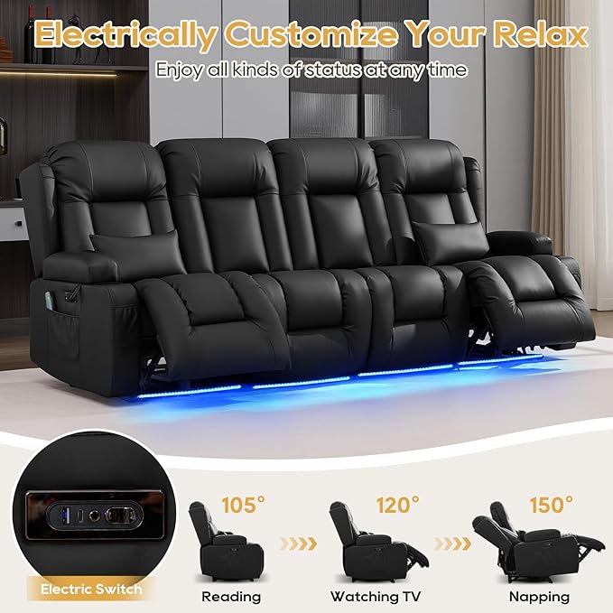 IPKIG Power Recliner Sofa with Flip-Up Backrest Console, USB & USB-C Ports, AC Outlet, LED Lights, Wall Hugger Recliners for Living Room, RV (Black, 98.7" - 4 Seat) | Faux Leather, Zero Gravity, Dual Reclining, 2 Lumabr Pillow
