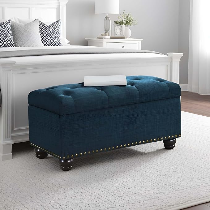 Convenience Concepts Designs4Comfort 7th Avenue Ottoman Bench 35.5" - Modern Upholstered Footstool & Seat with Hinged Lid & Storage, for Living Room, Bedroom, & Entryway, Dark Blue Fabric