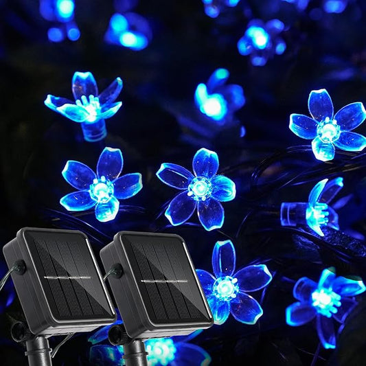 2 Pack Total 52FT 120 LED Solar String Lights Outdoor Waterproof Flower Fairy Lights for Garden Fence Patio Yard Christmas Tree Lawn Wedding Party Decor, Blue