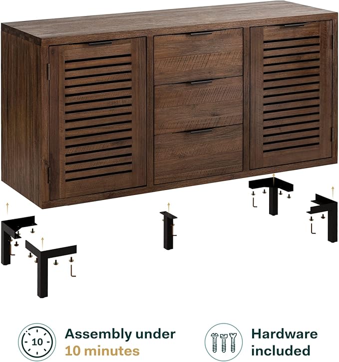 Bme Millie Solid Wood Sideboard Storage Cabinet with Storage, Pre-Assembled with 3 Drawers & 2 Doors, Adjustable Shelves