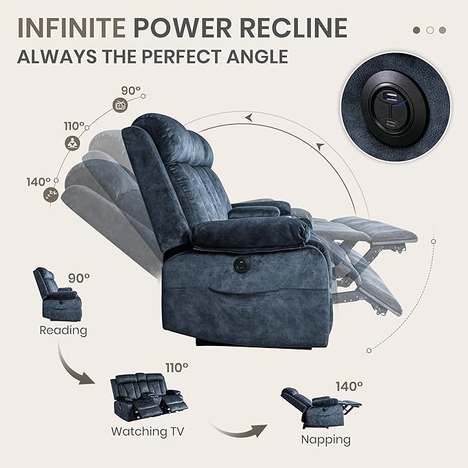 Power Reclining Loveseat with Heat & Massage, Dual Recliner Sofa with Console, Cup Holders, USB & Type-C Ports, 2 Seater Electric Reclining Couch for Living Room, RV (Blue, 2 Seat)