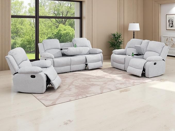 Living Room Furniture Sets Manual Reclining Sofa Set 3PCS Fabric Recliner Sofa Set Loveseat Couch Chair Set with Cup Holders&Storage Console for Living Room/Office (Grey White, 3 PCS Set)