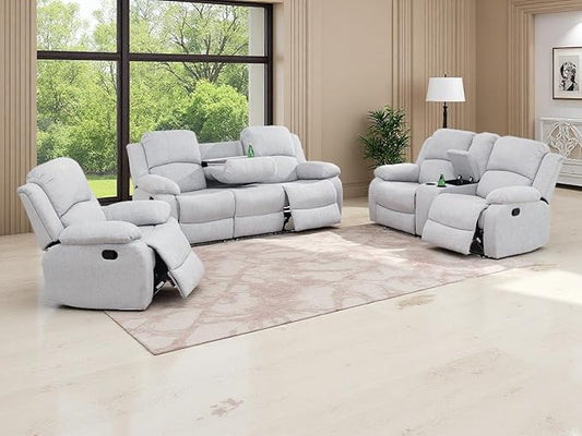 Living Room Furniture Sets Manual Reclining Sofa Set 3PCS Fabric Recliner Sofa Set Loveseat Couch Chair Set with Cup Holders&Storage Console for Living Room/Office (Grey White, 3 PCS Set)