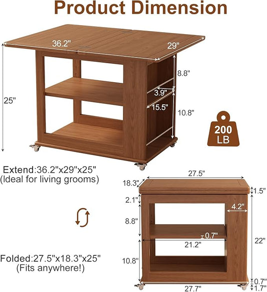 Folding Dining Table with Wheels, Solid Wood Dining Table Stylish 2-Tier Design for 2-4,Walnut Hidden Storage for Living Room,Small Spaces, Dining Room, Kitchen