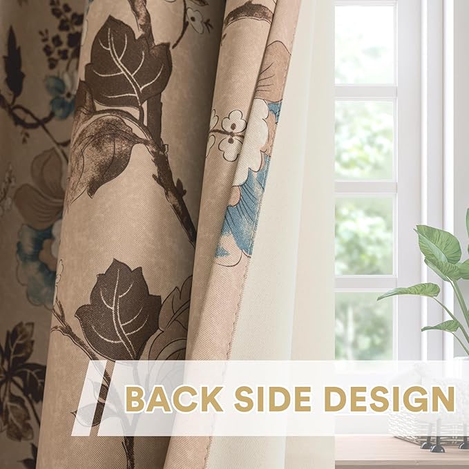 H.VERSAILTEX Blackout Curtains for Bedroom/Living Room Thermal Insulated Printed Curtain Drapes 96 Inches Long Energy Efficient Room Darkening Curtains Pair (2 Panels), Vintage Floral Brown & Blue