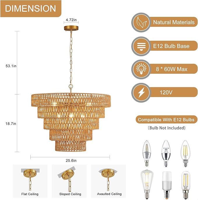 25.6" Hand-Woven Rattan Chandelier Light Fixture 8-Light Vintage Farmhouse Hand-Woven Boho Bamboo Rattan Chandelier 5-Tier Drum Wicker Golden Chandeliers for Dining Room, Kitchen, Living Room