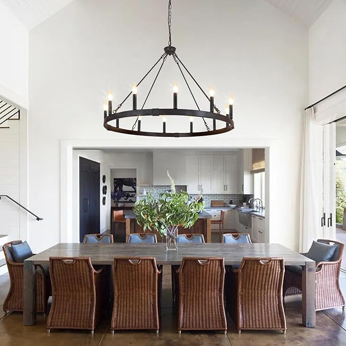Black Wagon Wheel Chandelier 38 inch, 12-Light Black Round Industrial Farmhouse Chandeliers for High Ceilings Dining Room Living Room Foyer Entryway Outdoor Porch