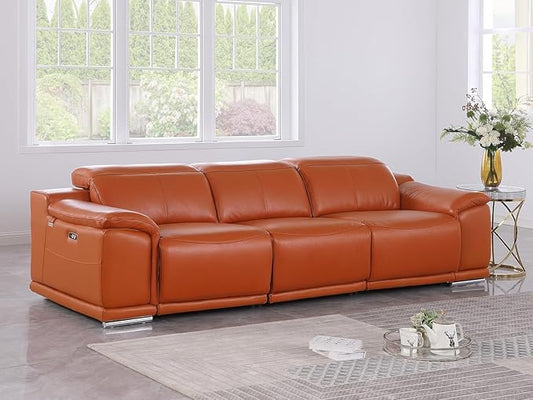 BlackJack Furniture Venice Top Grain Italian Leather Power Recline 3 Piece Sofa - 107" Theater Seating Modern Couch for Living Room Apartment Lounge Home with Adjustable Headrests & USB Port, Camel