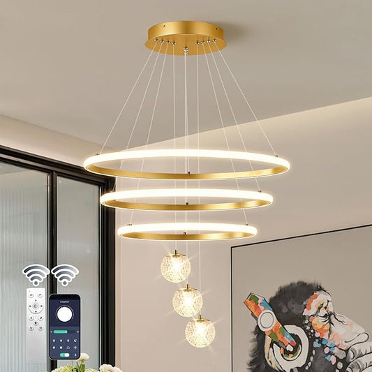LED Modern 3 Ring Chandeliers for Dining Room, 24in Dimmable Kitchen Pendant Lamp, Gold Dining Room Light Fixtures Ceiling Hanging Over Table, Globe Round Chandeliers for Living Room Bedroom