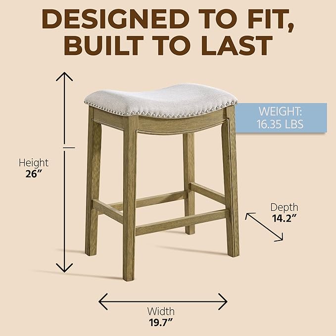 ROME + OAK Set of 2 Parker 26" Counter Stool, Backless Saddle Kitchen Barstool in Natural Wood Finish with Wheat Cream Fabric Upholstery Cushion Seat