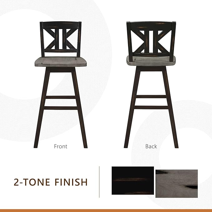 Lexicon Bar Height Bar Stools Set of 2-Solid Wood Frame 360° Swivel Wooden Stools, Foot Rest, KK Back, Wide Seat, Distressed Farmhouse Easy to Clean Finish, 28.5" SH, Antique Black/Grey