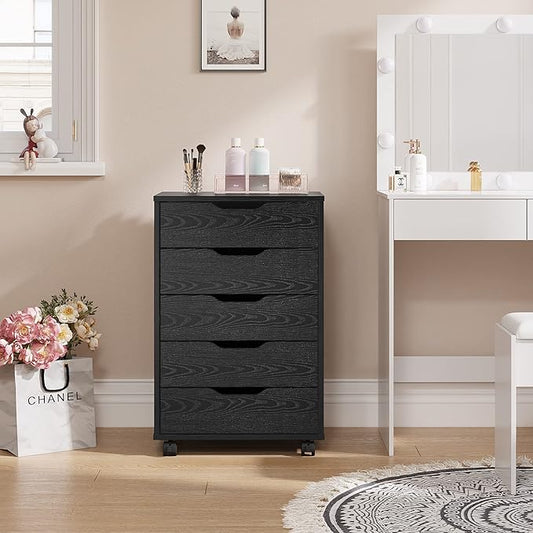 Panana 5/7 Drawer Chest, Wooden Tall Dresser Storage Dresser Cabinet with Wheels, Office Organization and Storage, Bedroom Furniture (Black, 5 Drawer)