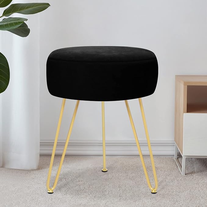 Velvet Soft Modern Vanity Footstool -Round Footrest Stool Ottoman Side Table Seat Dressing with Golden Metal Leg and Sponge Filling,Upholstered Foot Rest, for Living Room and Bedroom Black