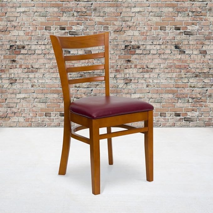 Flash Furniture 2 Pack HERCULES Series Ladder Back Cherry Wood Restaurant Chair - Burgundy Vinyl Seat