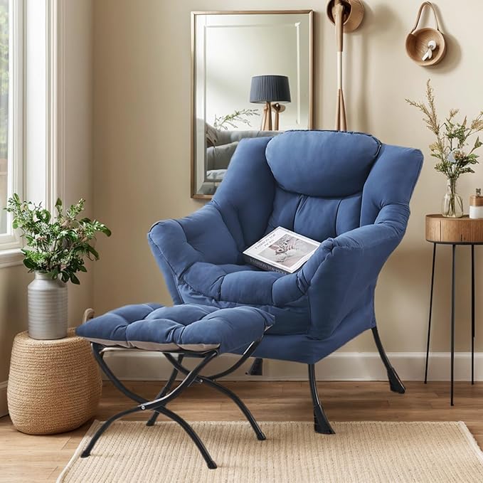 Lazy Chair with Ottoman, Large Royal Blue Accent Chair with Ottoman, Comfy Reading Armchair, Leisure Sofa Chair for Living Room, Bedroom, Dorm Room, Office